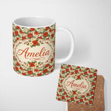 Personalized Custom Name Red and Cream Floral Garden Seamless Pattern Vintage Botanical 11oz Ceramic Coffee Tea Mug White Large Handle