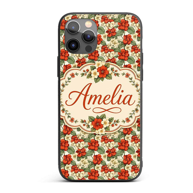 Red and Cream Floral Garden Seamless Pattern Custom Name Protective Phone Case Mobile Cover Durable Everyday Smartphone Shock Resistant