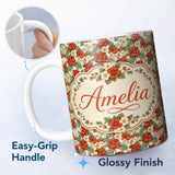 Personalized Custom Name Red and Cream Floral Garden Seamless Pattern Vintage Botanical 11oz Ceramic Coffee Tea Mug White Large Handle