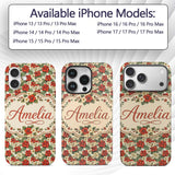 Red and Cream Floral Garden Seamless Pattern Custom Name Protective Phone Case Mobile Cover Durable Everyday Smartphone Shock Resistant