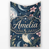 Pink Floral Moon Stars Celestial Night Seamless Pattern Lovely  Personalised Custom Name Super Soft Fleece Blanket Bed Sofa Throw