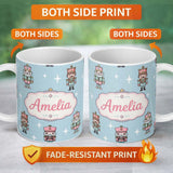 Personalized Custom Name Cute Nutcracker Soldiers Christmas Toy Characters Pattern Soft Blue 11oz Ceramic Coffee Tea Mug White Large Handle