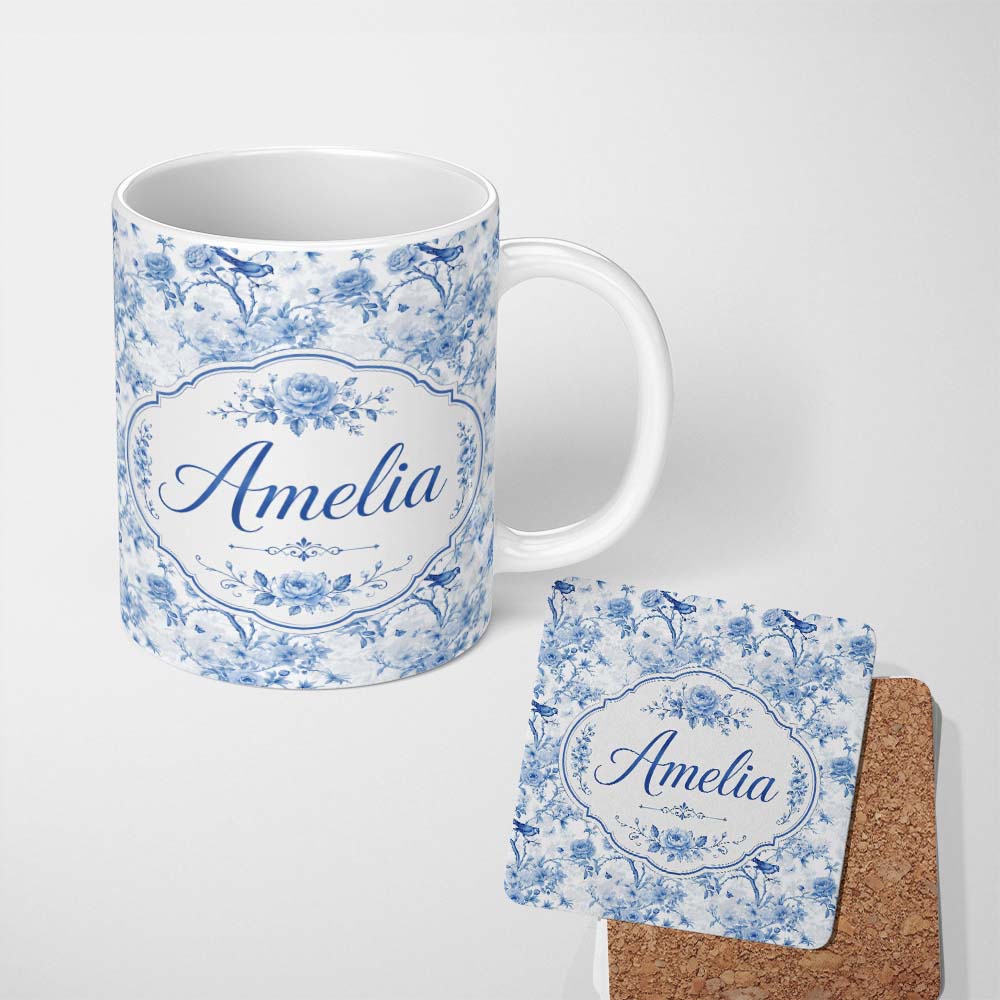 Personalized Custom Name Blue Bird and Floral Toile Seamless Pattern Vintage Garden Scene 11oz Ceramic Coffee Tea Mug White Large Handle