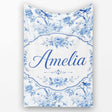 Blue Bird and Floral Toile Seamless Pattern Vintage Garden Scene  Personalised Custom Name Super Soft Fleece Blanket Bed Sofa Throw