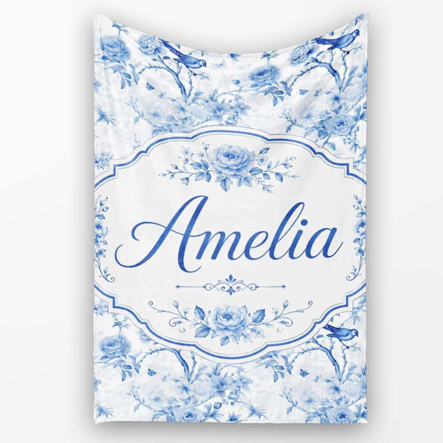 Blue Bird and Floral Toile Seamless Pattern Vintage Garden Scene  Personalised Custom Name Super Soft Fleece Blanket Bed Sofa Throw