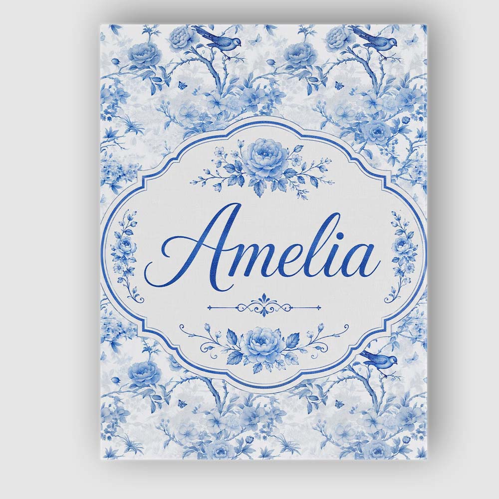 Personalised Name Blue Bird and Floral Custom  Modern Room Accent Elegant Feature Canvas Wall Art Print Decor Picture Ready to Hang