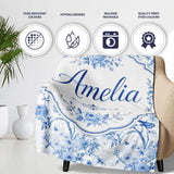 Blue Bird and Floral Toile Seamless Pattern Vintage Garden Scene  Personalised Custom Name Super Soft Fleece Blanket Bed Sofa Throw