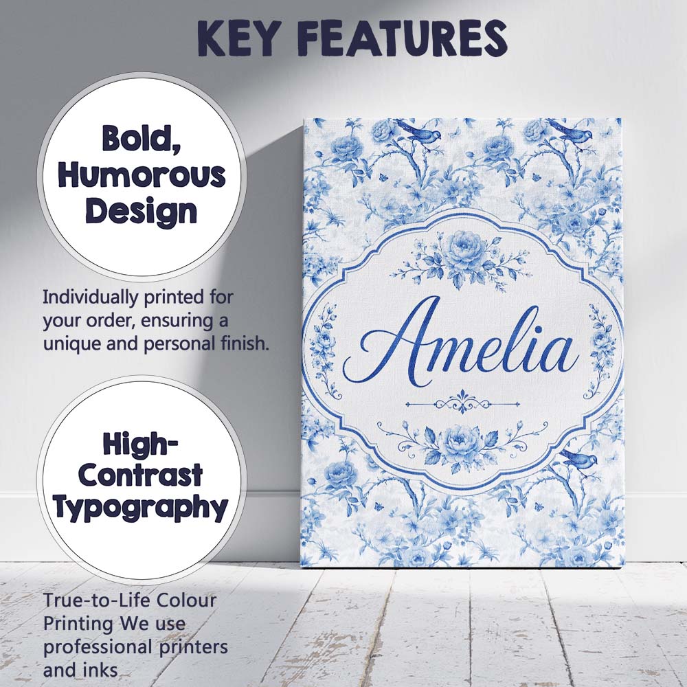 Personalised Name Blue Bird and Floral Custom  Modern Room Accent Elegant Feature Canvas Wall Art Print Decor Picture Ready to Hang
