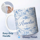 Personalized Custom Name Blue Bird and Floral Toile Seamless Pattern Vintage Garden Scene 11oz Ceramic Coffee Tea Mug White Large Handle