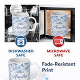 Personalized Custom Name Blue Bird and Floral Toile Seamless Pattern Vintage Garden Scene 11oz Ceramic Coffee Tea Mug White Large Handle