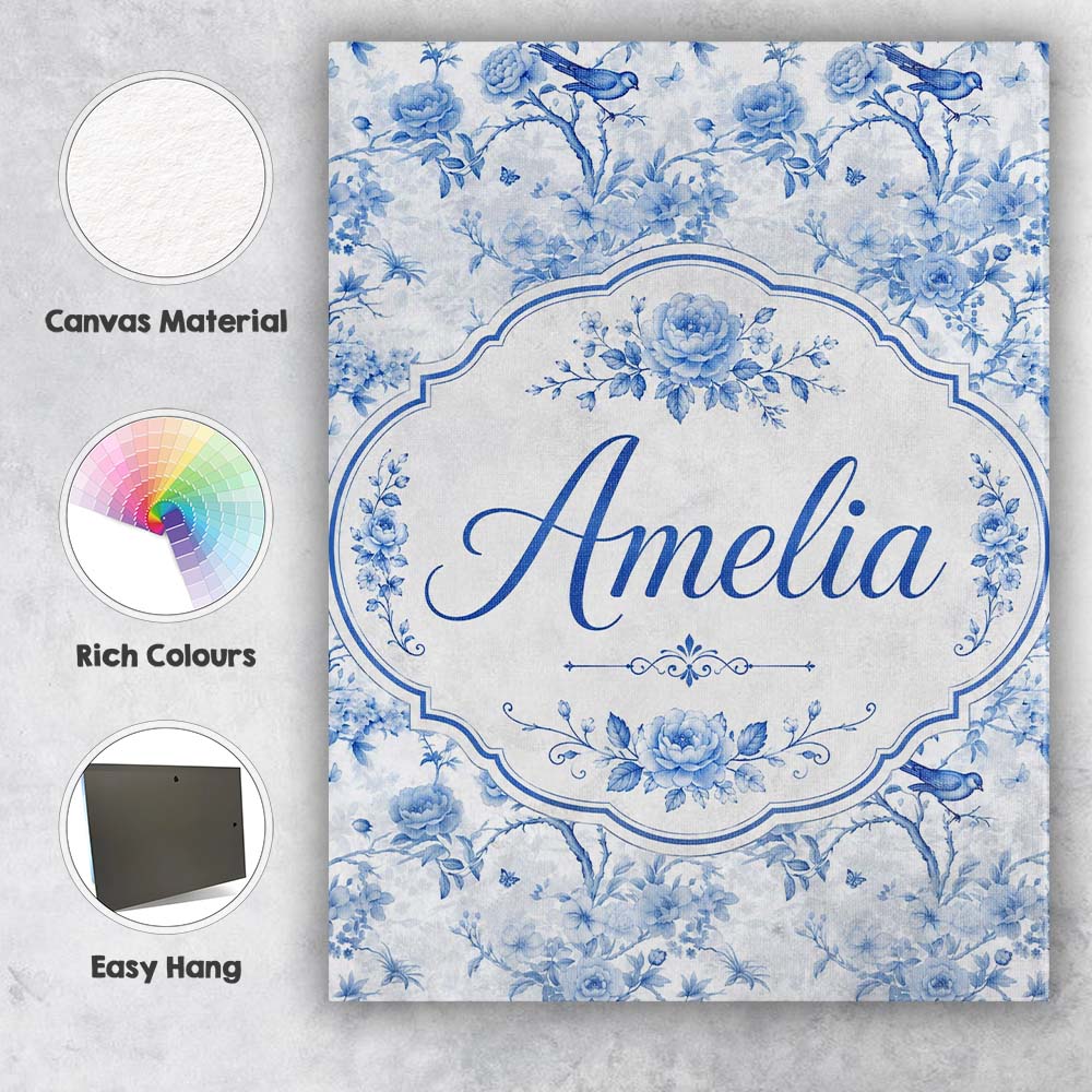 Personalised Name Blue Bird and Floral Custom  Modern Room Accent Elegant Feature Canvas Wall Art Print Decor Picture Ready to Hang