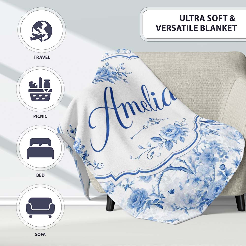 Blue Bird and Floral Toile Seamless Pattern Vintage Garden Scene  Personalised Custom Name Super Soft Fleece Blanket Bed Sofa Throw