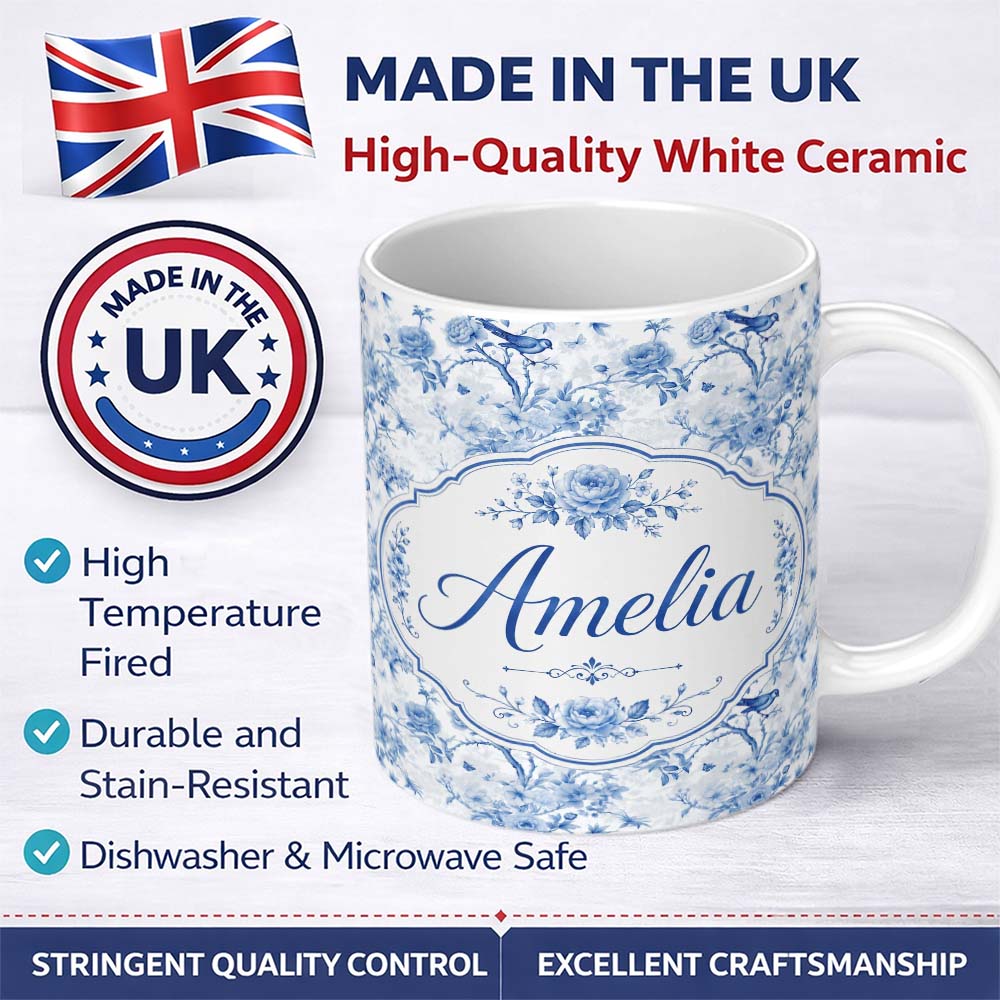 Personalized Custom Name Blue Bird and Floral Toile Seamless Pattern Vintage Garden Scene 11oz Ceramic Coffee Tea Mug White Large Handle