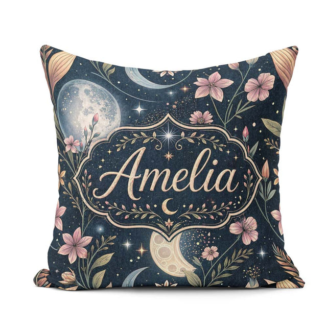 Custom Name Pink Floral Moon Stars Night Seamless Pattern Lovely Square Filled Cushion Throw Pillow Sofa Bed Home Decor Zip Washable UK Made
