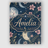 Personalised Name Pink Floral Moon Stars Celestial Night Seamless Custom  Bespoke Canvas Wall Art Print Decor Picture Ready to Hang