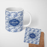 Personalized Custom Name Blue Asian Garden Landscape Toile Seamless Pattern Scenic Custom 11oz Ceramic Coffee Tea Mug White Large Handle