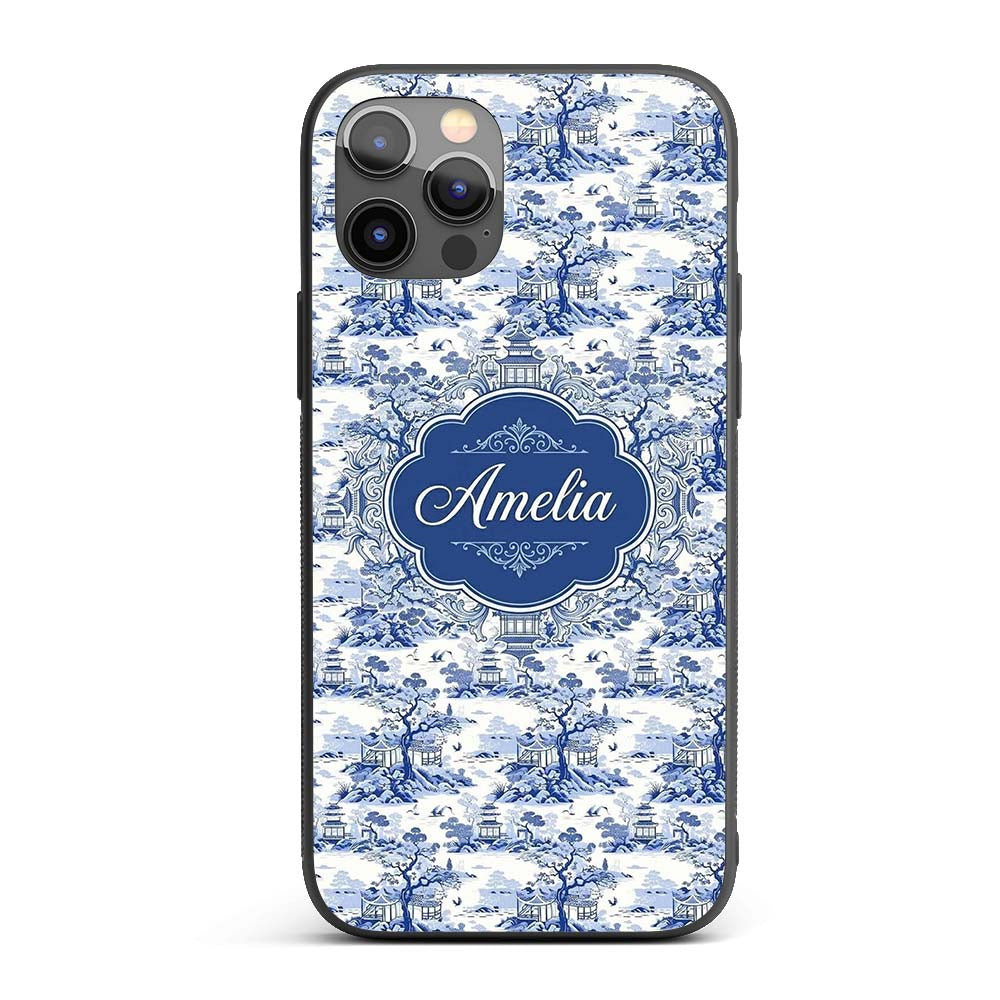 Blue Asian Garden Landscape Toile Printed Design Custom Name Protective Phone Case Mobile Cover Durable Everyday Smartphone Shock Resistant