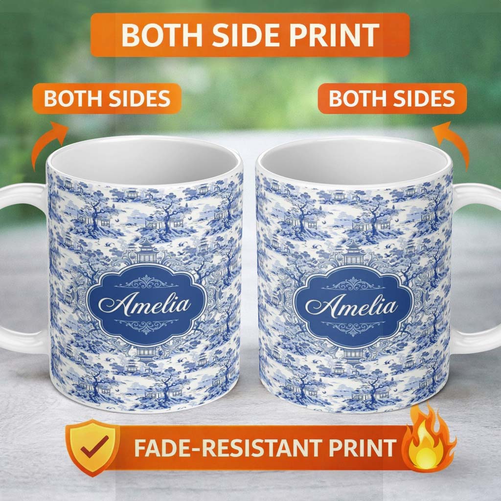 Personalized Custom Name Blue Asian Garden Landscape Toile Seamless Pattern Scenic Custom 11oz Ceramic Coffee Tea Mug White Large Handle