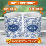 Personalized Custom Name Blue Asian Garden Landscape Toile Seamless Pattern Scenic Custom 11oz Ceramic Coffee Tea Mug White Large Handle