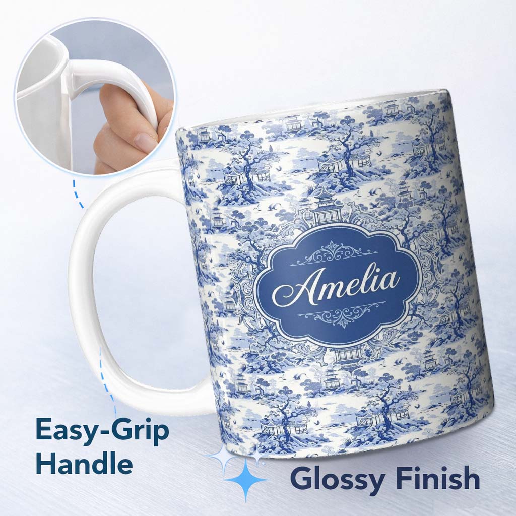 Personalized Custom Name Blue Asian Garden Landscape Toile Seamless Pattern Scenic Custom 11oz Ceramic Coffee Tea Mug White Large Handle