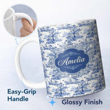 Personalized Custom Name Blue Asian Garden Landscape Toile Seamless Pattern Scenic Custom 11oz Ceramic Coffee Tea Mug White Large Handle