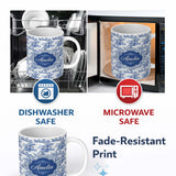 Personalized Custom Name Blue Asian Garden Landscape Toile Seamless Pattern Scenic Custom 11oz Ceramic Coffee Tea Mug White Large Handle