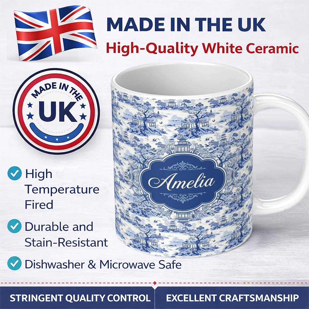 Personalized Custom Name Blue Asian Garden Landscape Toile Seamless Pattern Scenic Custom 11oz Ceramic Coffee Tea Mug White Large Handle
