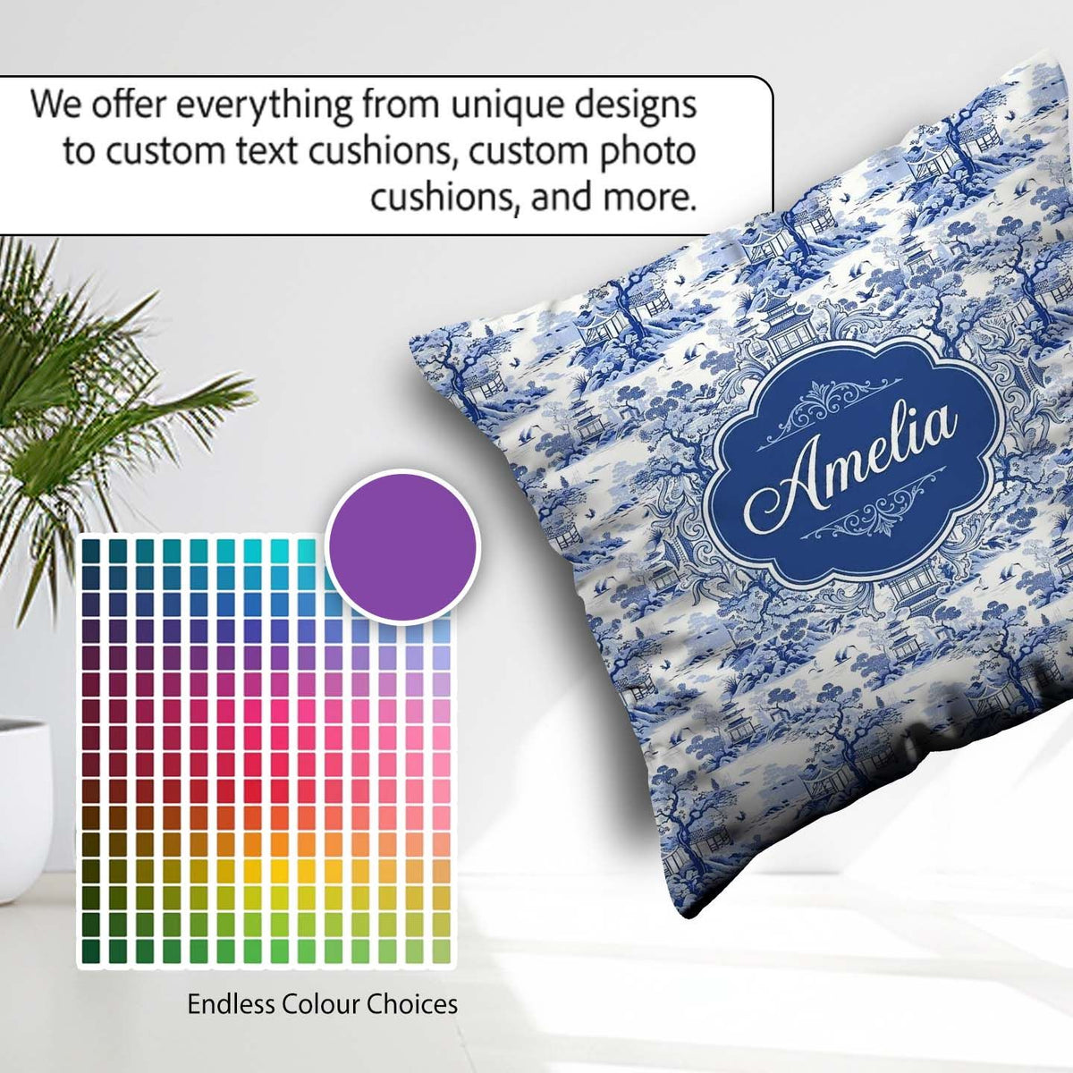Custom Name Asian Garden Landscape Toile Seamless Pattern Scenic Square Filled Cushion Throw Pillow Sofa Bed Home Decor Zip Washable UK Made