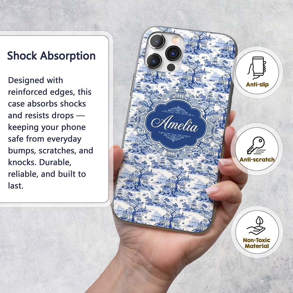 Blue Asian Garden Landscape Toile Printed Design Custom Name Protective Phone Case Mobile Cover Durable Everyday Smartphone Shock Resistant