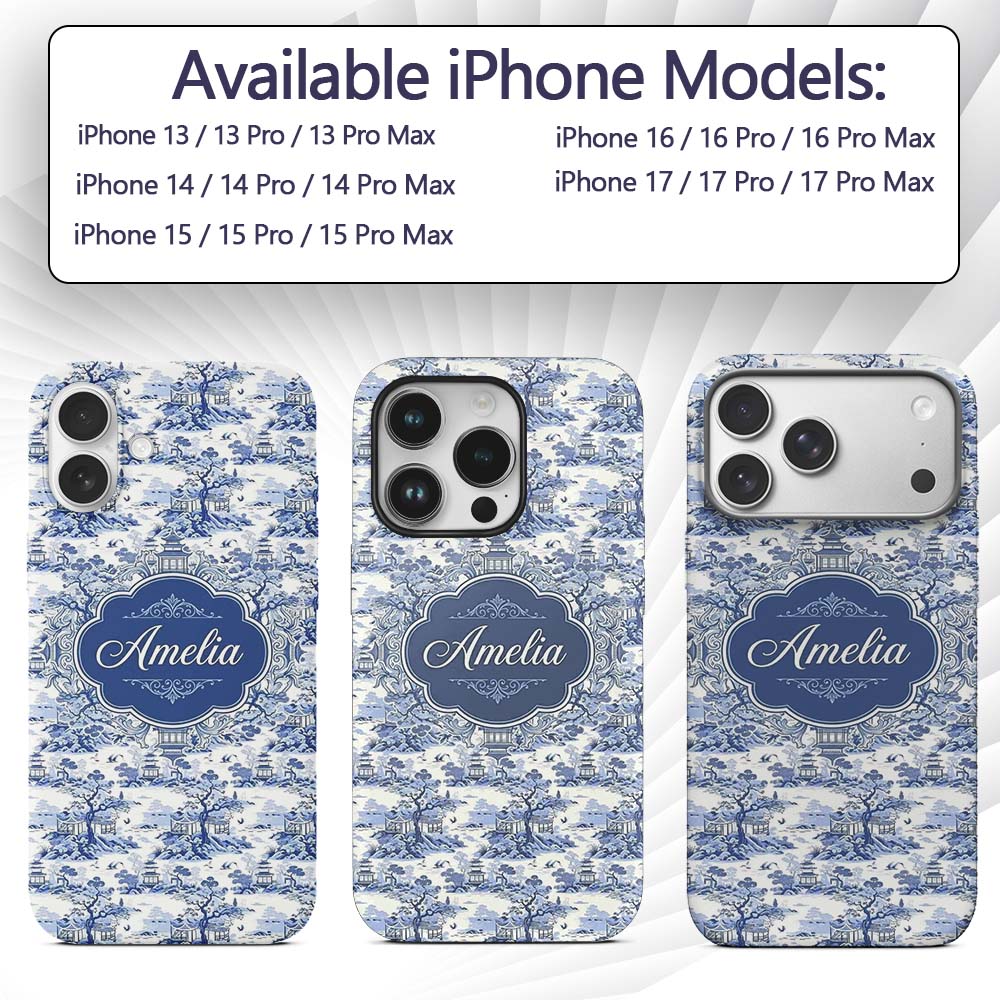 Blue Asian Garden Landscape Toile Printed Design Custom Name Protective Phone Case Mobile Cover Durable Everyday Smartphone Shock Resistant