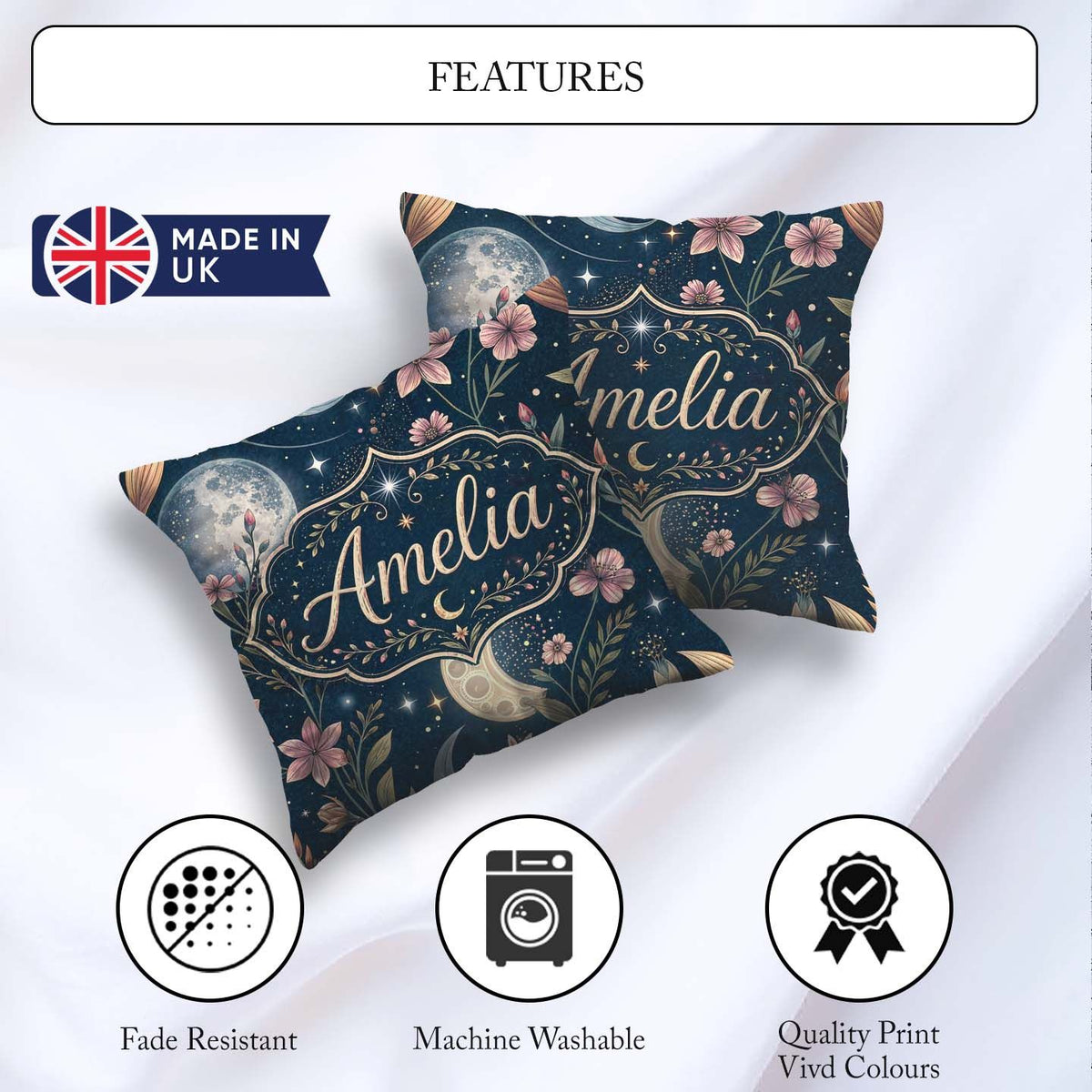 Custom Name Pink Floral Moon Stars Night Seamless Pattern Lovely Square Filled Cushion Throw Pillow Sofa Bed Home Decor Zip Washable UK Made