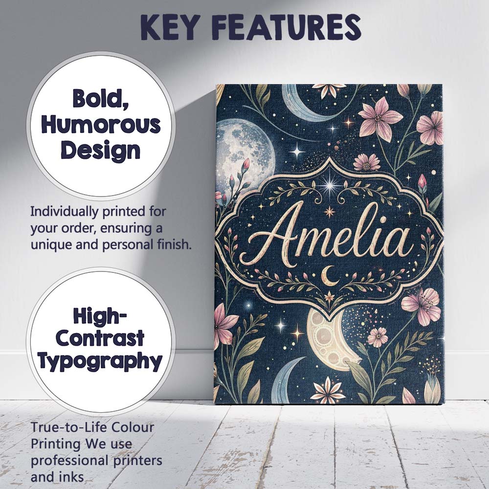 Personalised Name Pink Floral Moon Stars Celestial Night Seamless Custom  Bespoke Canvas Wall Art Print Decor Picture Ready to Hang