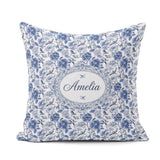 Custom Name Blue Floral and Bird Detailed Seamless Pattern Toile Square Filled Cushion Throw Pillow Sofa Bed Home Decor Zip Washable UK Made