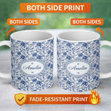 Personalized Custom Name Blue Floral and Bird Detailed Seamless Pattern Classic Toile Name 11oz Ceramic Coffee Tea Mug White Large Handle
