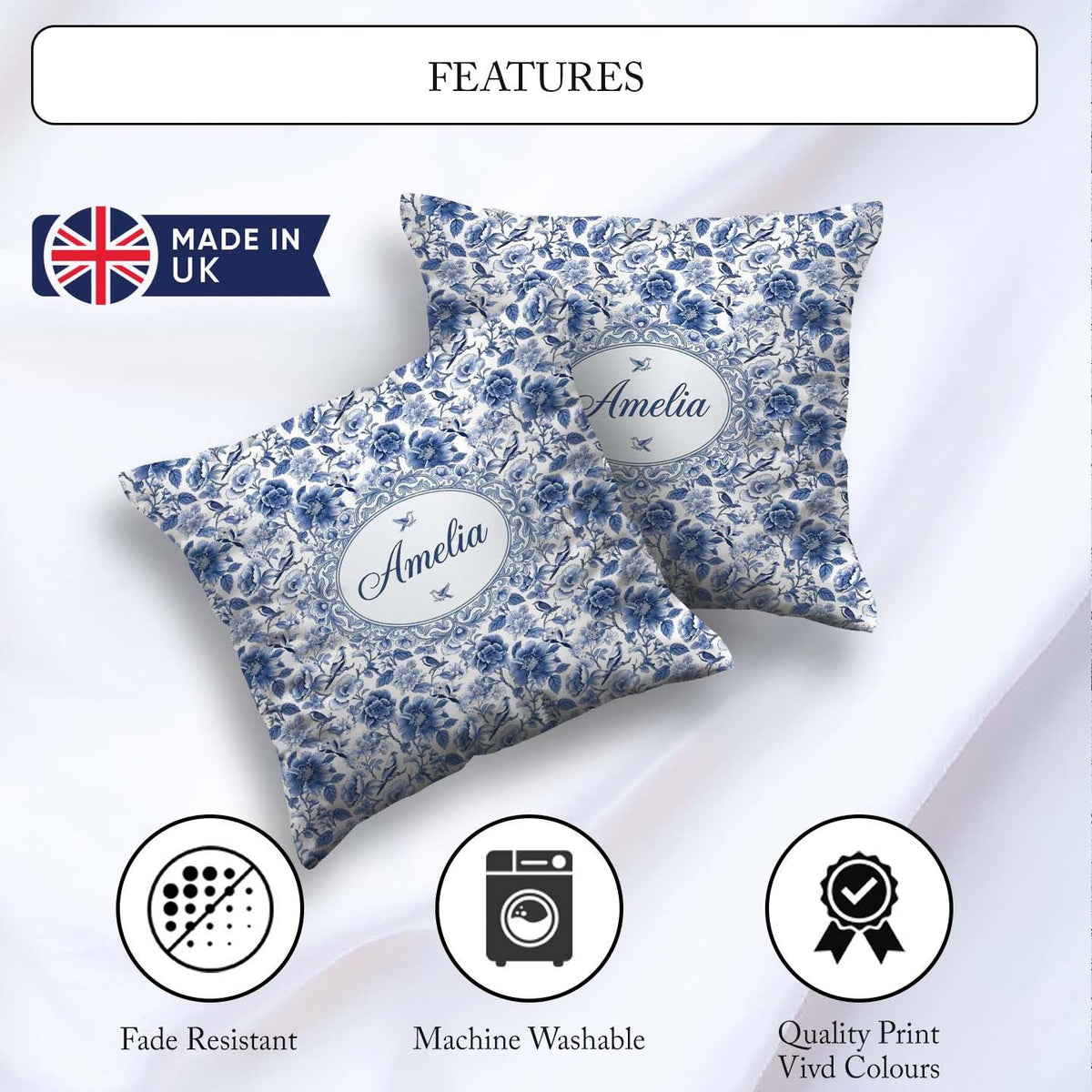 Custom Name Blue Floral and Bird Detailed Seamless Pattern Toile Square Filled Cushion Throw Pillow Sofa Bed Home Decor Zip Washable UK Made