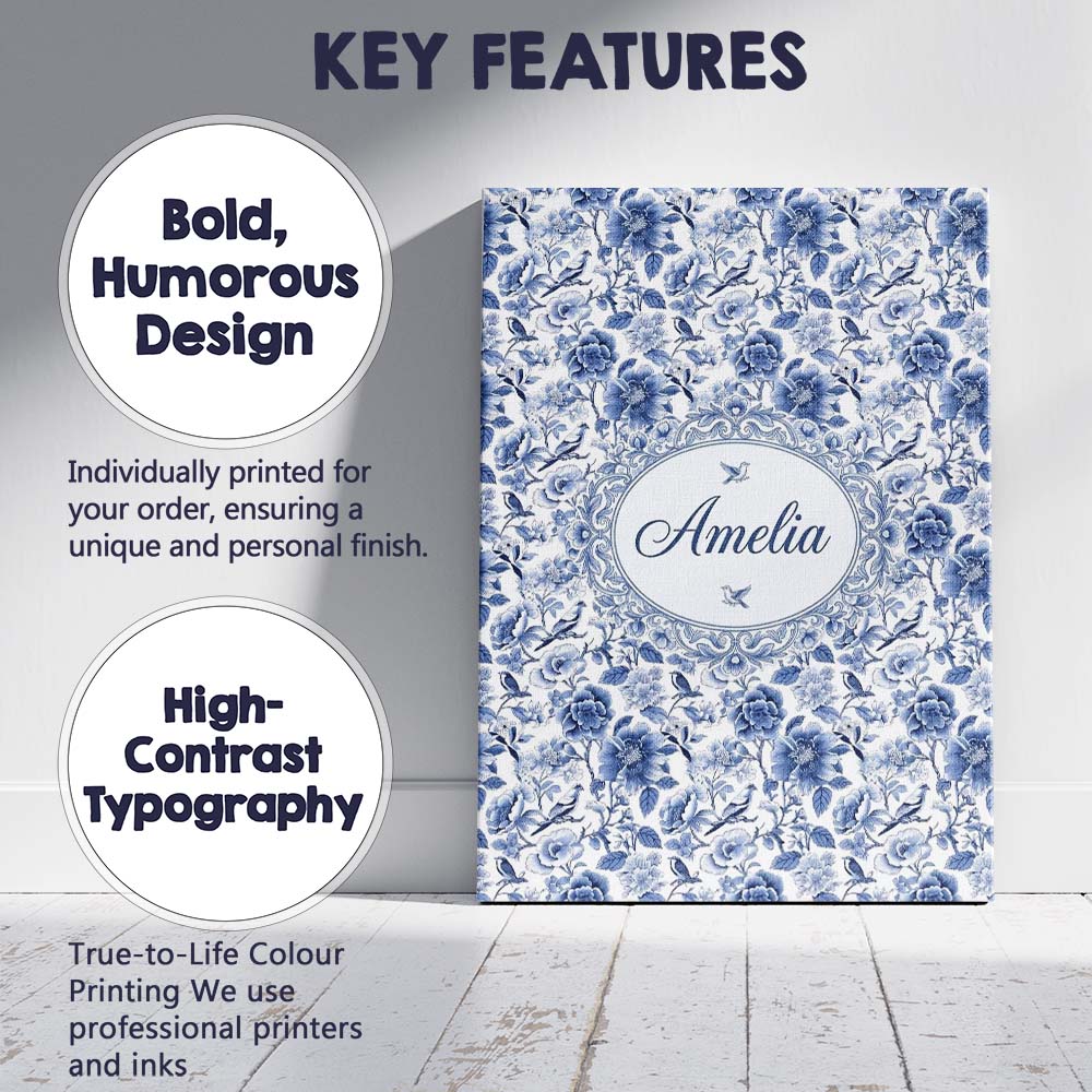 Personalised Name Blue Floral and Bird Custom  Modern Room Accent Elegant Feature Canvas Wall Art Print Decor Picture Ready to Hang