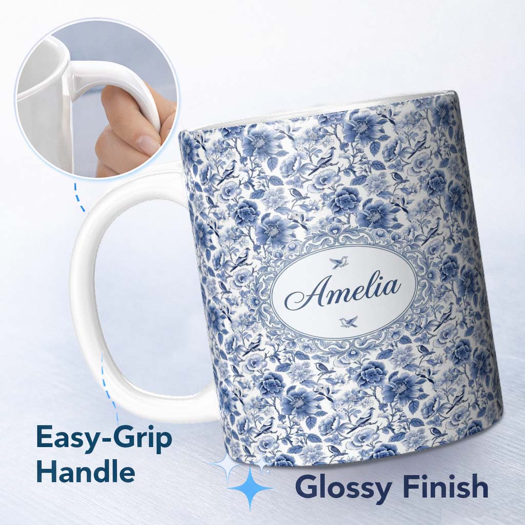Personalized Custom Name Blue Floral and Bird Detailed Seamless Pattern Classic Toile Name 11oz Ceramic Coffee Tea Mug White Large Handle