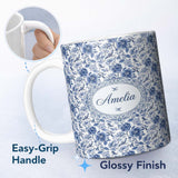 Personalized Custom Name Blue Floral and Bird Detailed Seamless Pattern Classic Toile Name 11oz Ceramic Coffee Tea Mug White Large Handle