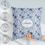 Custom Name Blue Floral and Bird Detailed Seamless Pattern Toile Square Filled Cushion Throw Pillow Sofa Bed Home Decor Zip Washable UK Made