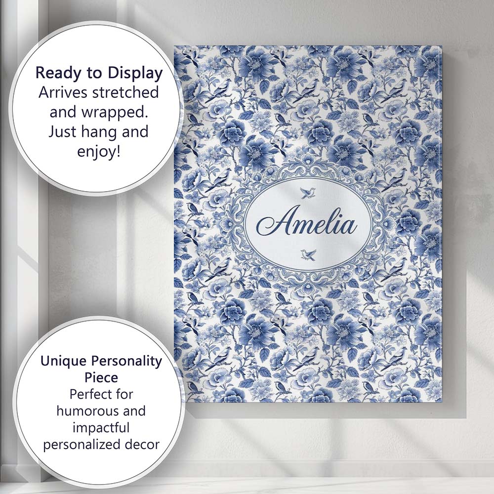 Personalised Name Blue Floral and Bird Custom  Modern Room Accent Elegant Feature Canvas Wall Art Print Decor Picture Ready to Hang