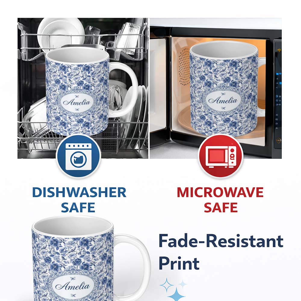Personalized Custom Name Blue Floral and Bird Detailed Seamless Pattern Classic Toile Name 11oz Ceramic Coffee Tea Mug White Large Handle