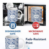 Personalized Custom Name Blue Floral and Bird Detailed Seamless Pattern Classic Toile Name 11oz Ceramic Coffee Tea Mug White Large Handle