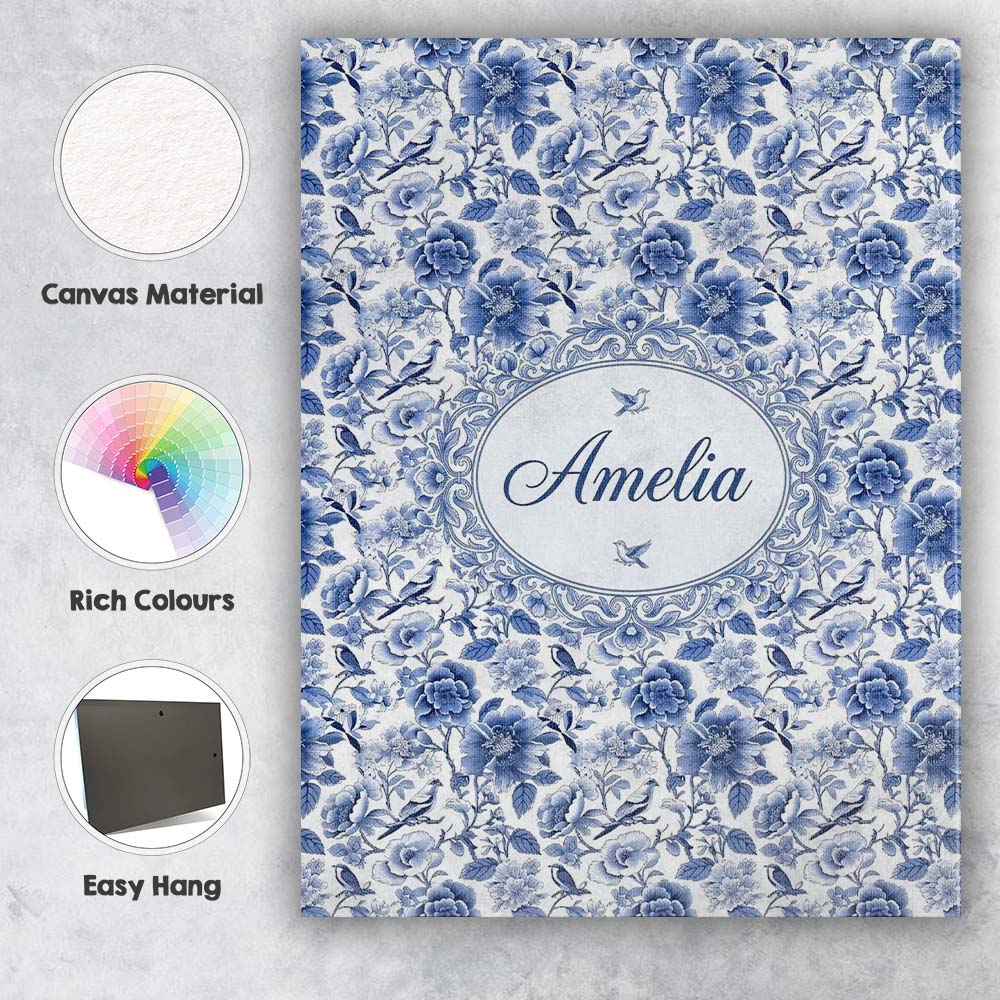 Personalised Name Blue Floral and Bird Custom  Modern Room Accent Elegant Feature Canvas Wall Art Print Decor Picture Ready to Hang