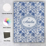 Personalised Name Blue Floral and Bird Custom  Modern Room Accent Elegant Feature Canvas Wall Art Print Decor Picture Ready to Hang
