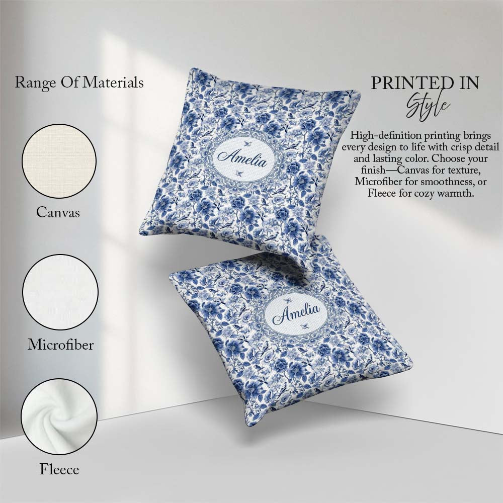 Custom Name Blue Floral and Bird Detailed Seamless Pattern Toile Square Filled Cushion Throw Pillow Sofa Bed Home Decor Zip Washable UK Made