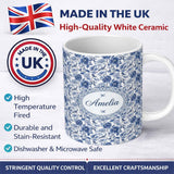 Personalized Custom Name Blue Floral and Bird Detailed Seamless Pattern Classic Toile Name 11oz Ceramic Coffee Tea Mug White Large Handle