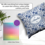 Custom Name Blue Floral and Bird Detailed Seamless Pattern Toile Square Filled Cushion Throw Pillow Sofa Bed Home Decor Zip Washable UK Made