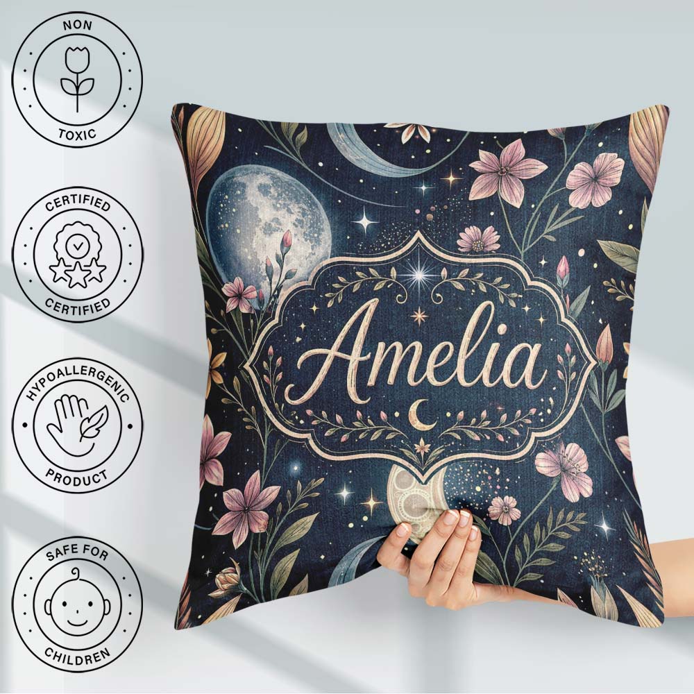 Custom Name Pink Floral Moon Stars Night Seamless Pattern Lovely Square Filled Cushion Throw Pillow Sofa Bed Home Decor Zip Washable UK Made