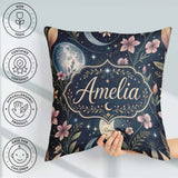 Custom Name Pink Floral Moon Stars Night Seamless Pattern Lovely Square Filled Cushion Throw Pillow Sofa Bed Home Decor Zip Washable UK Made