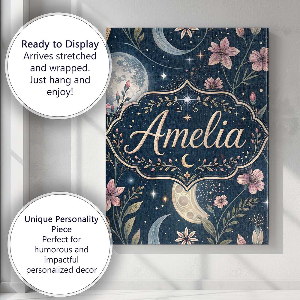 Personalised Name Pink Floral Moon Stars Celestial Night Seamless Custom  Bespoke Canvas Wall Art Print Decor Picture Ready to Hang